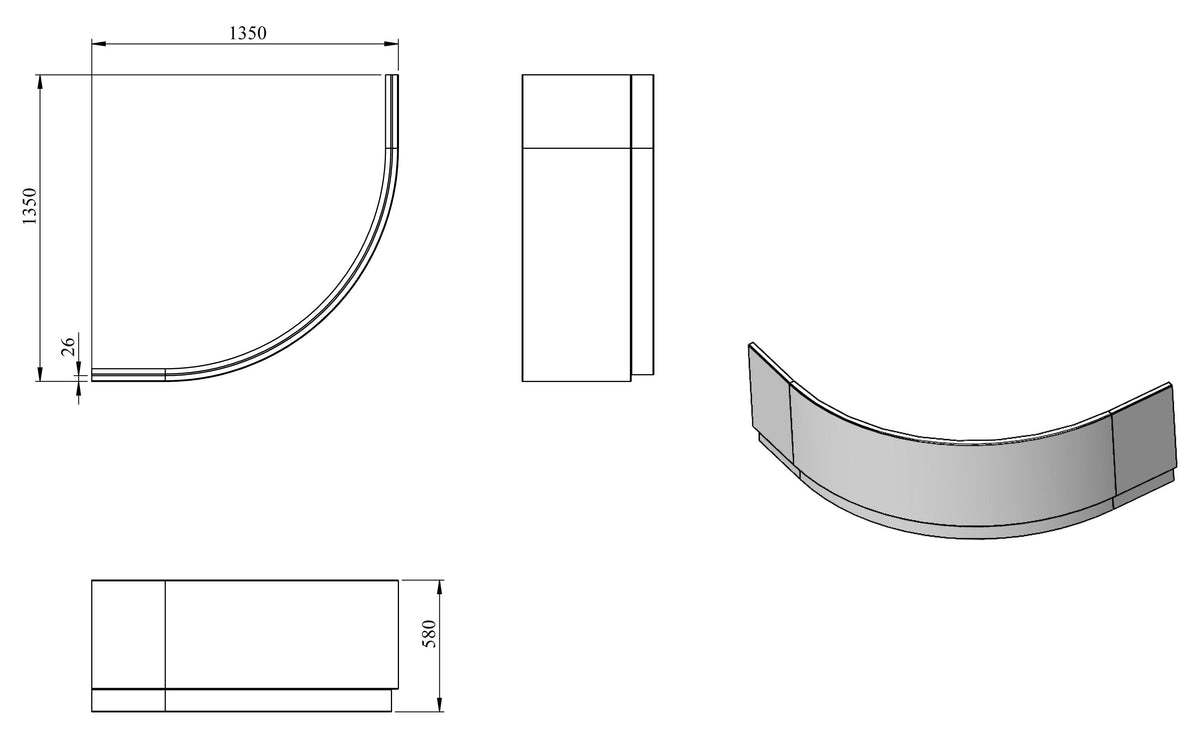 Auvellis Nexara 1350mm Standard Corner Bath Panel – White technical drawing