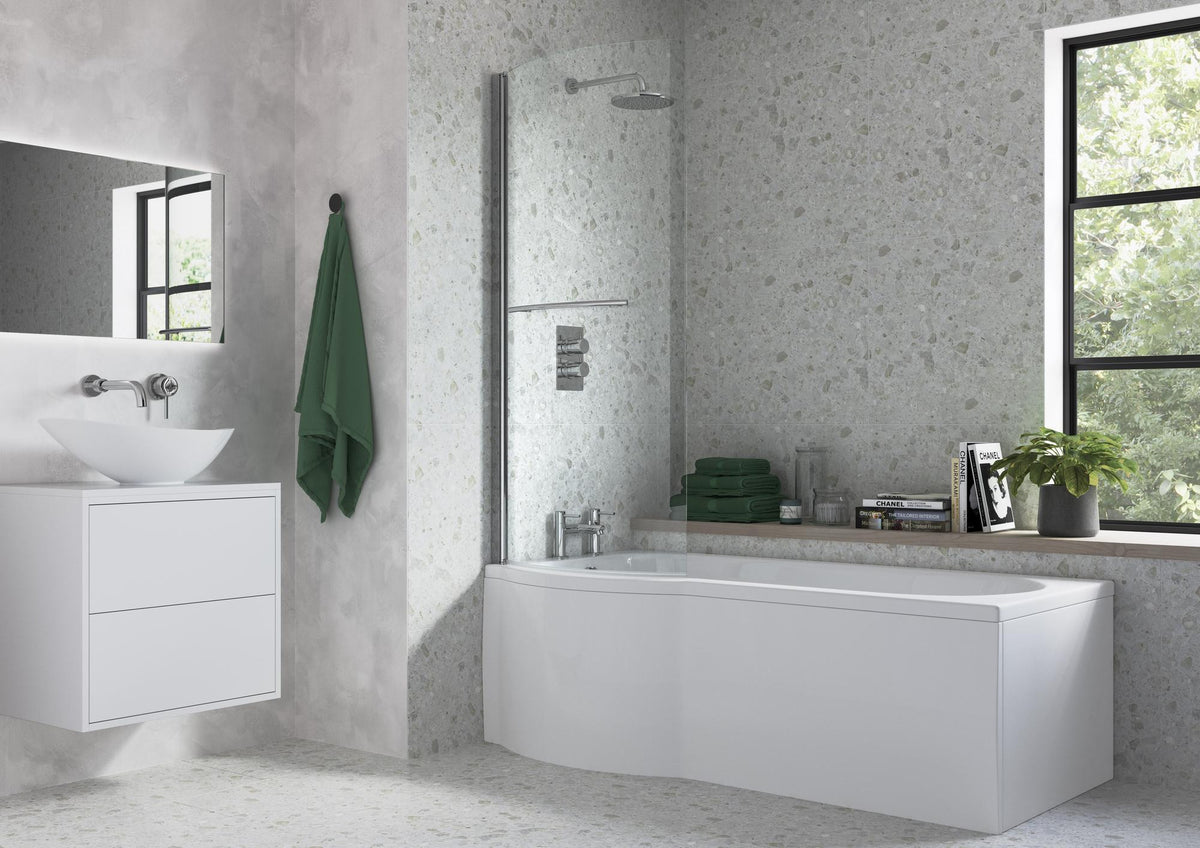 Auvellis 760x1500mm P Shape Bath Screen (6mm) - Chrome