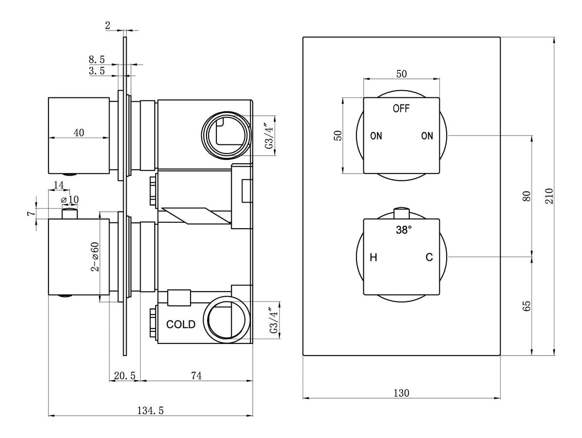 Auvellis Linaro Square Concealed Shower Pack – Matt Black technical drawing 1