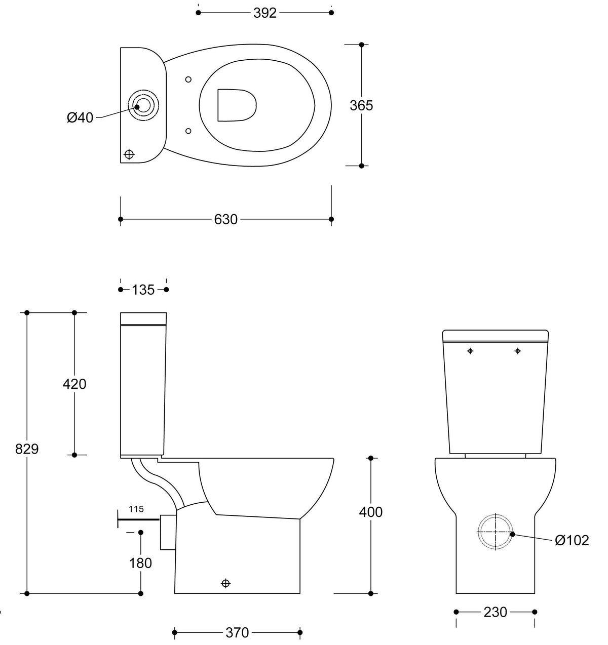 Auvellis Lunero Close-Coupled Rimless WC technical drawing
