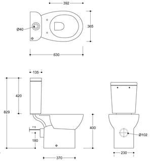 Auvellis Lunero Close-Coupled Rimless WC technical drawing