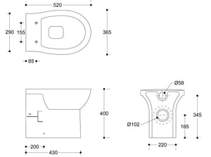 Auvellis Lunero Rimless Back-to-Wall WC with Soft-Close Seat – technical drawing