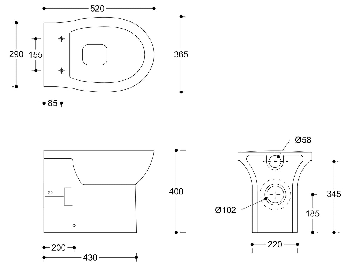 Auvellis Lunero Rimless Back-to-Wall WC with Soft-Close Seat – technical drawing