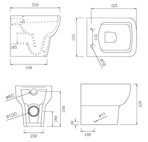 Auvellis Linaro Rimless Back-to-Wall WC with Soft-Close Seat – technical drawing