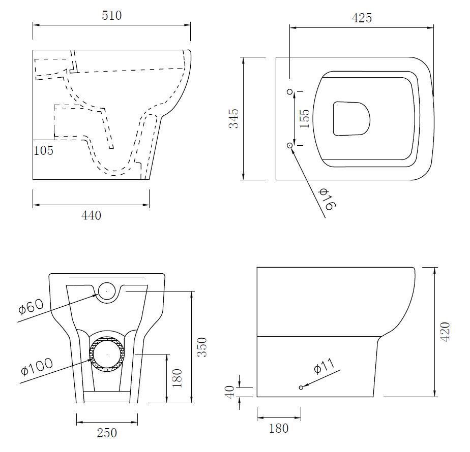 Auvellis Linaro Rimless Back-to-Wall WC with Soft-Close Seat – technical drawing