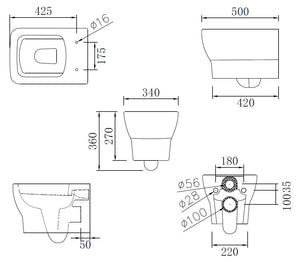 Auvellis Linaro Rimless Wall-Hung WC technical drawing