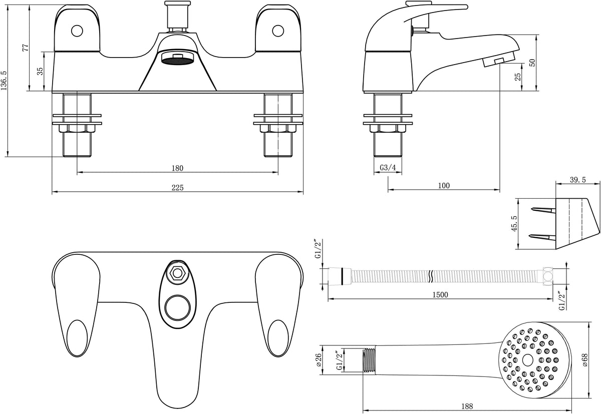 Auvellis Lunero Low Pressure Bath/Shower Mixer – Chrome technical drawing