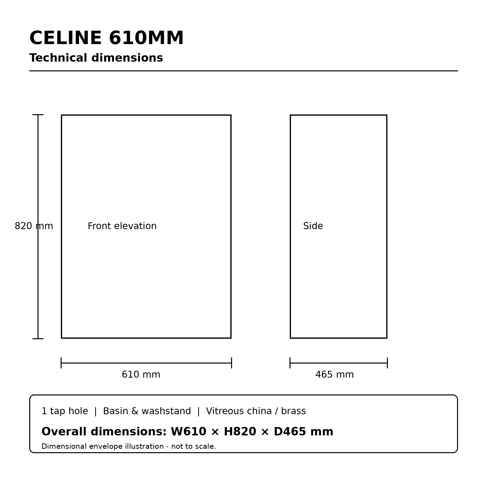 Pureflo Celine 610mm console basin and washstand – technical dimensions W610 x H820 x D465mm