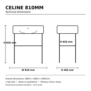 Pureflo Celine 810mm console basin and washstand – technical dimensions W810 x H820 x D465mm