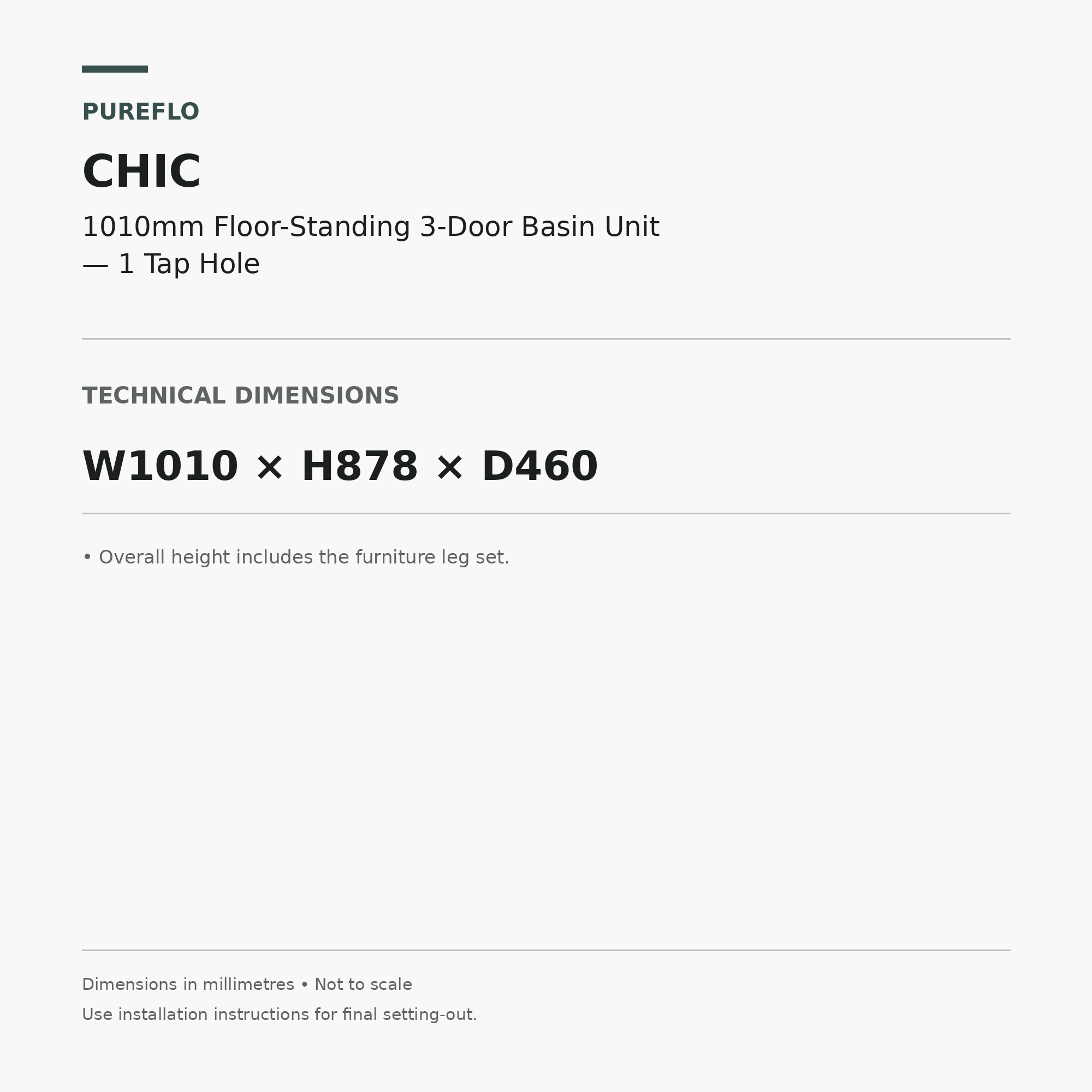 Auvellis Chic 1010mm floor-standing 1TH basin unit – technical dimensions W1010 x H878 x D460mm including legs