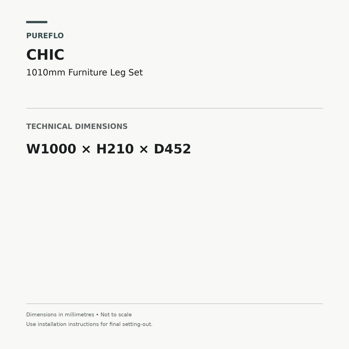 Auvellis Chic 1010mm furniture leg set – technical dimensions W1000 x H210 x D452mm