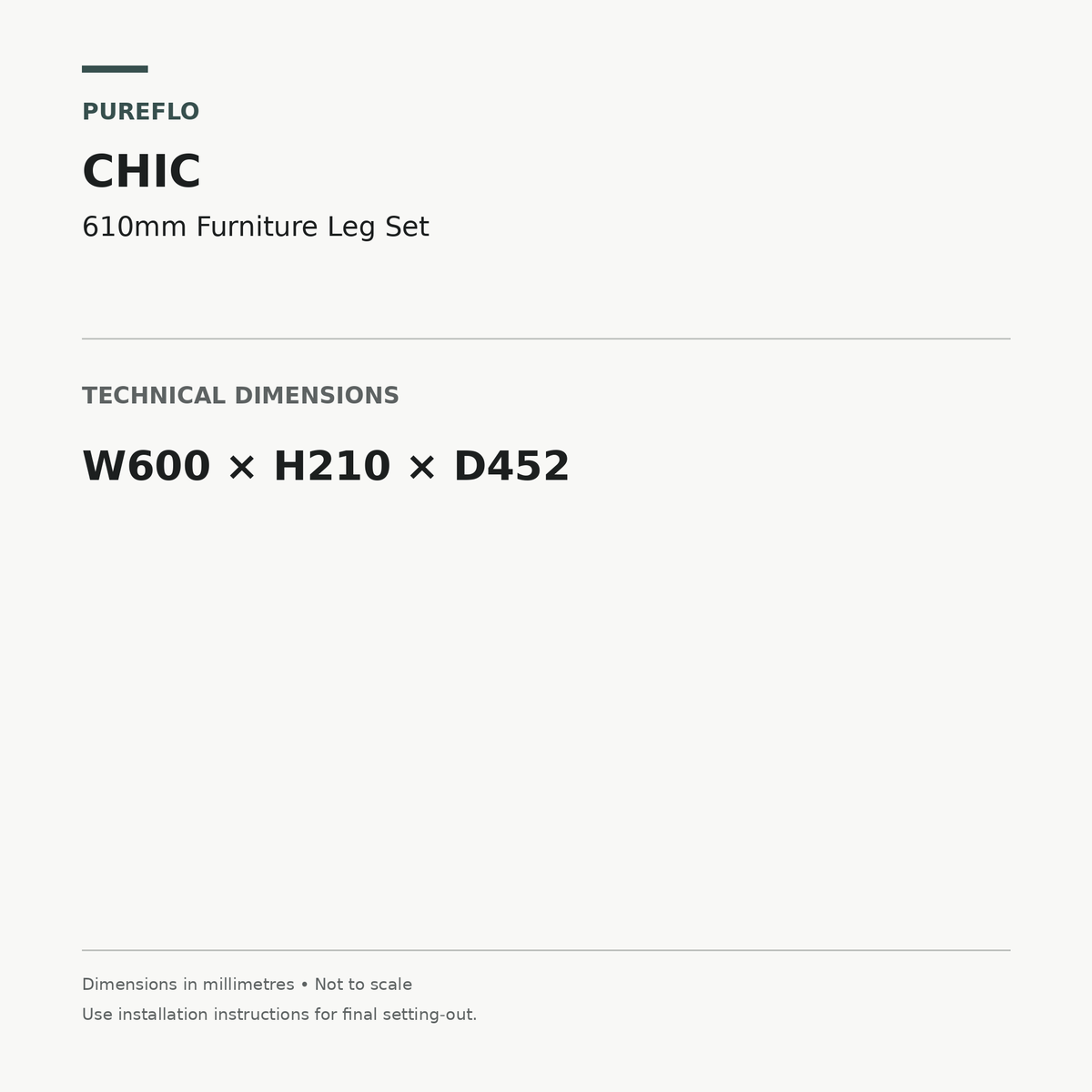 Auvellis Chic 610mm furniture leg set – technical dimensions W600 x H210 x D452mm