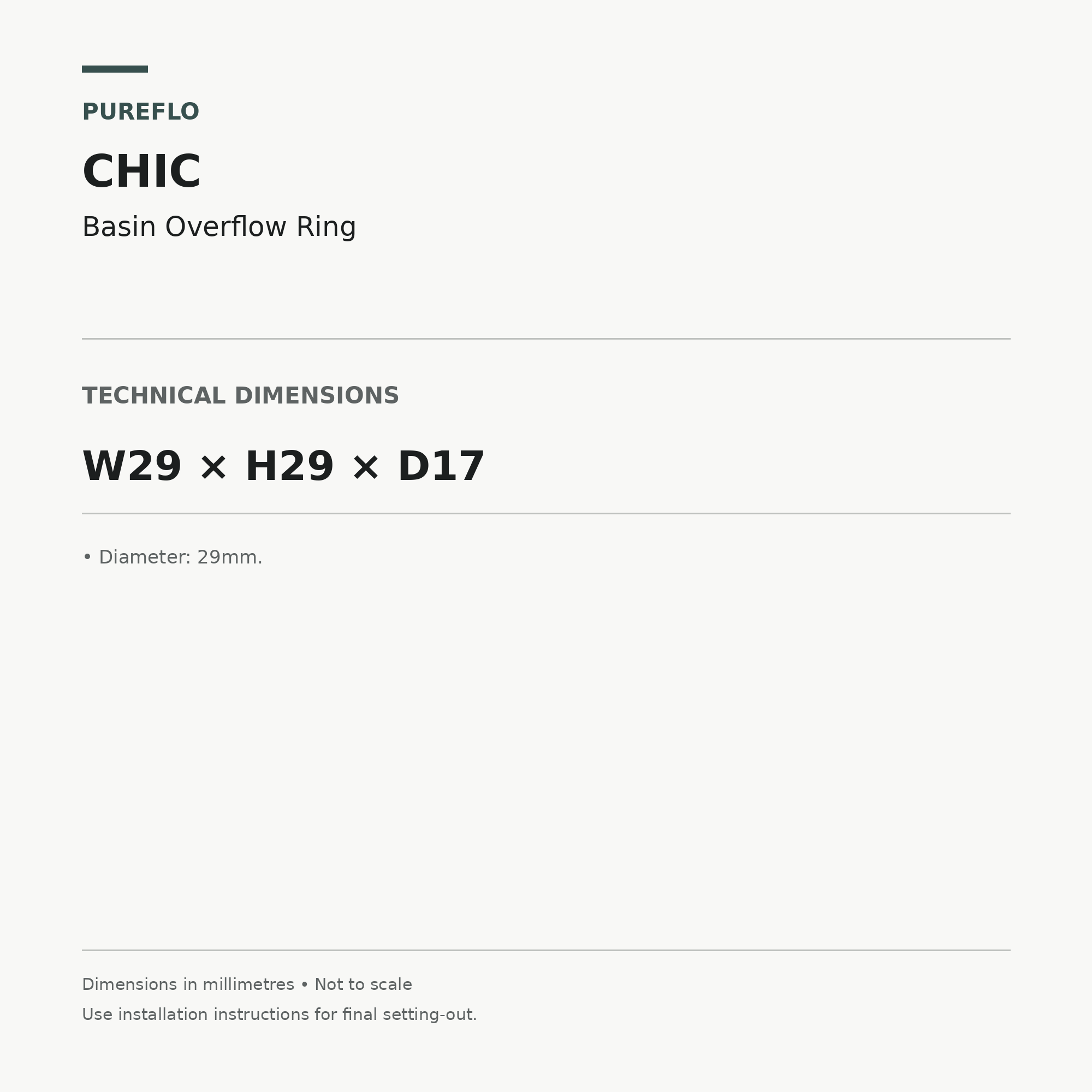 Auvellis Chic basin overflow ring – technical dimensions W29 x H29 x D17mm