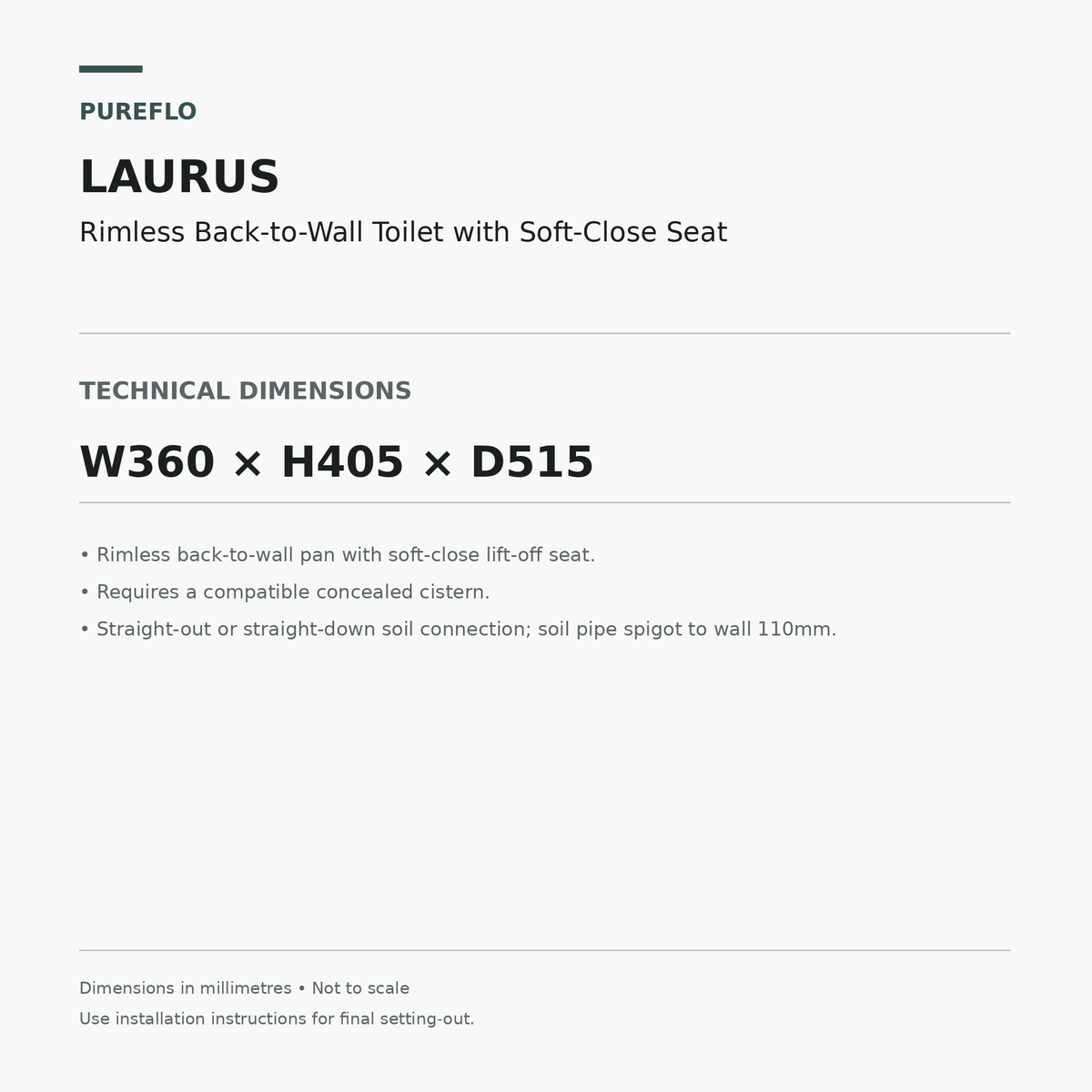 Auvellis Laurus rimless back-to-wall toilet – technical dimensions W360 x H405 x D515mm