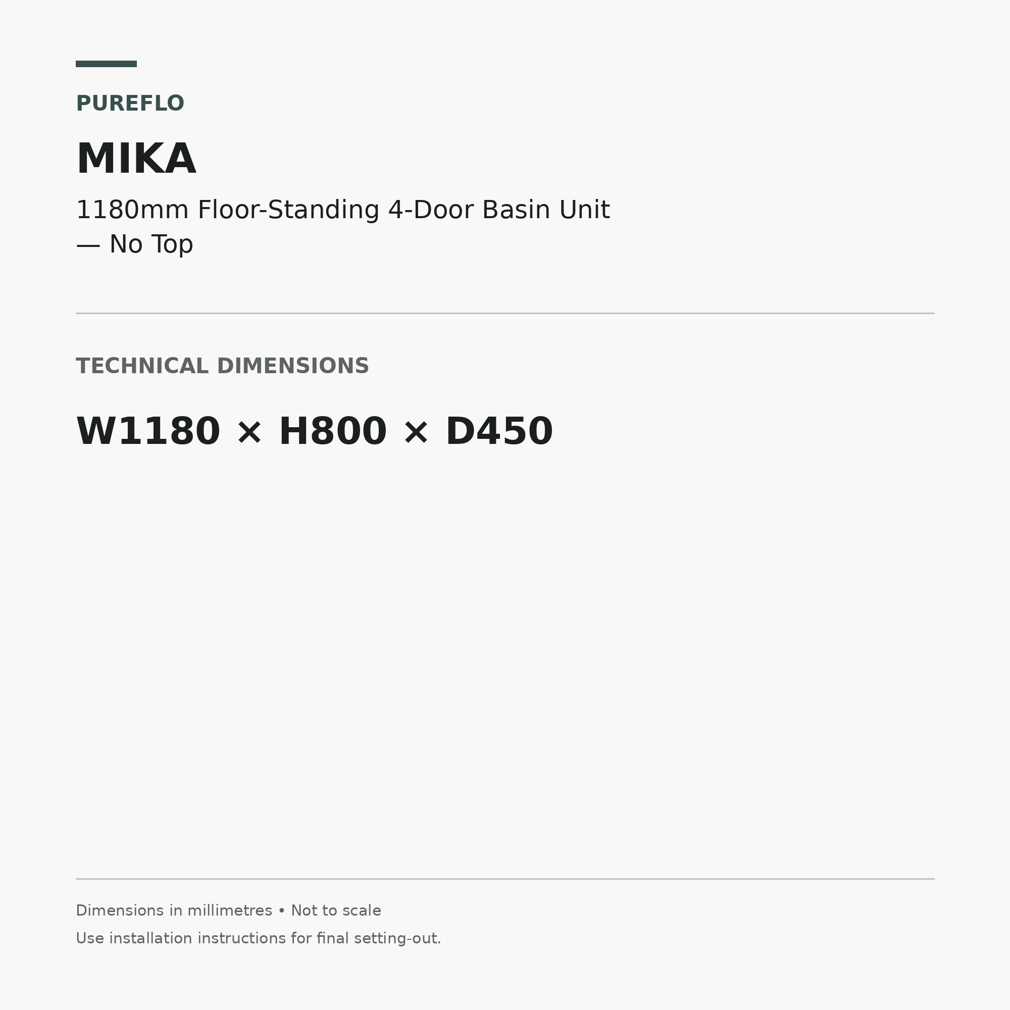 Pureflo Mika 1180mm floor-standing basin unit – technical dimensions W1180 x H800 x D450mm