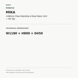 Auvellis Mika 1180mm floor-standing basin unit – technical dimensions W1180 x H800 x D450mm