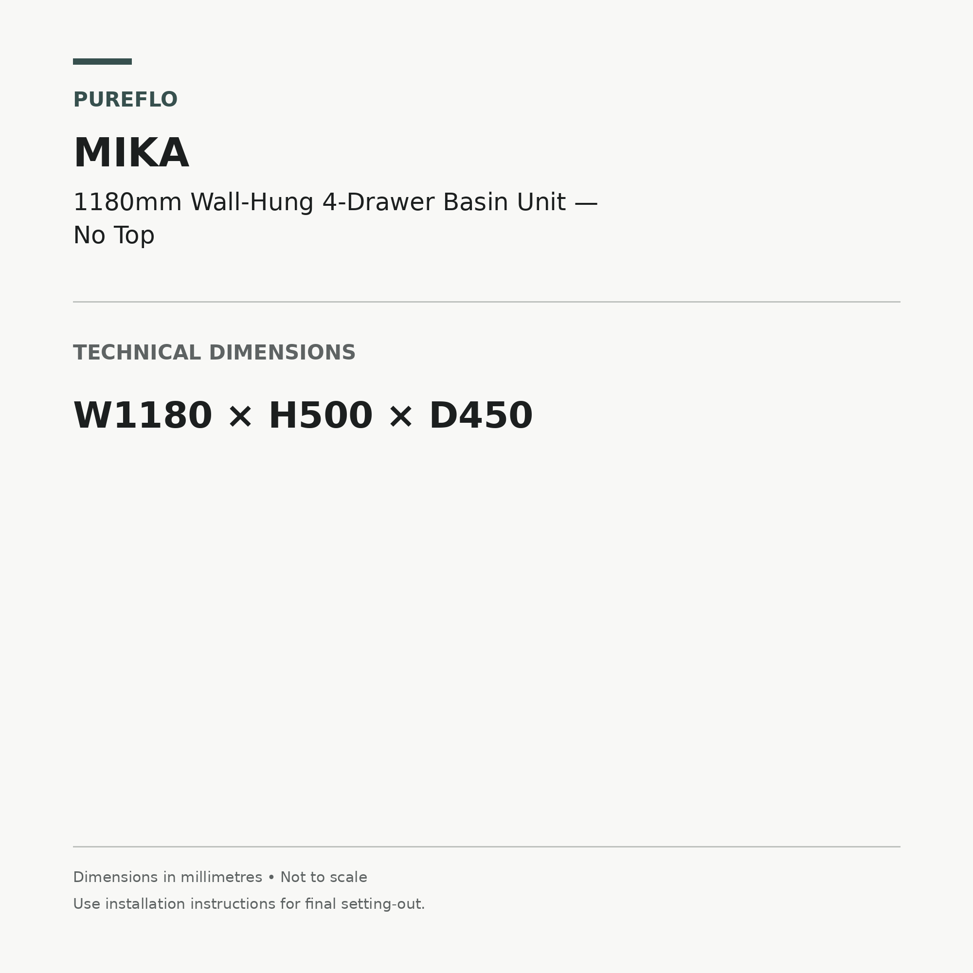 Pureflo Mika 1180mm wall-hung basin unit – technical dimensions W1180 x H500 x D450mm