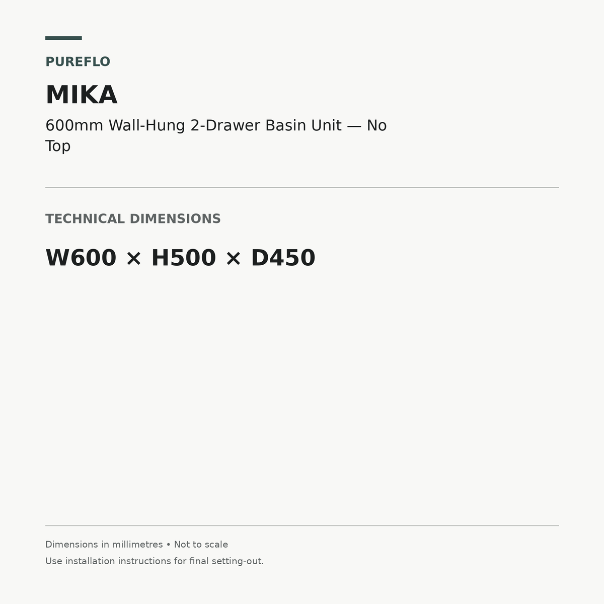 Auvellis Mika 600mm wall-hung basin unit – technical dimensions W600 x H500 x D450mm