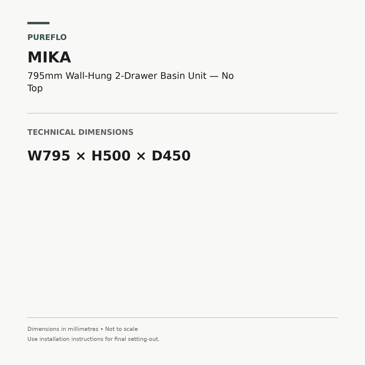 Auvellis Mika 795mm wall-hung basin unit – technical dimensions W795 x H500 x D450mm