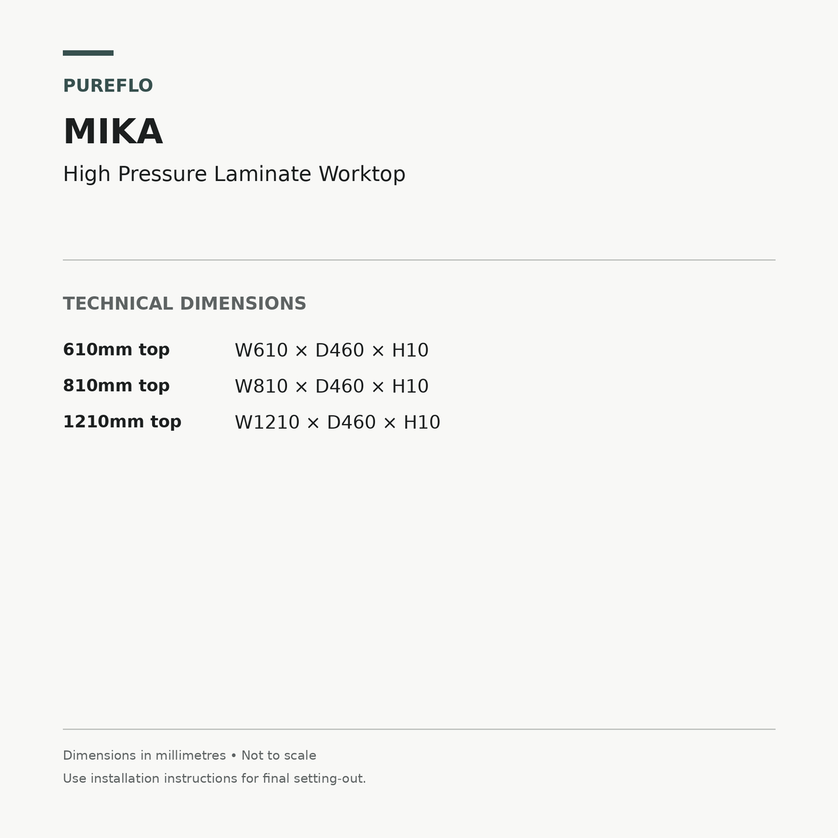 Auvellis Mika HPL worktop – technical dimensions for 610mm, 810mm and 1210mm sizes