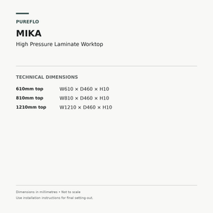 Auvellis Mika HPL worktop – technical dimensions for 610mm, 810mm and 1210mm sizes