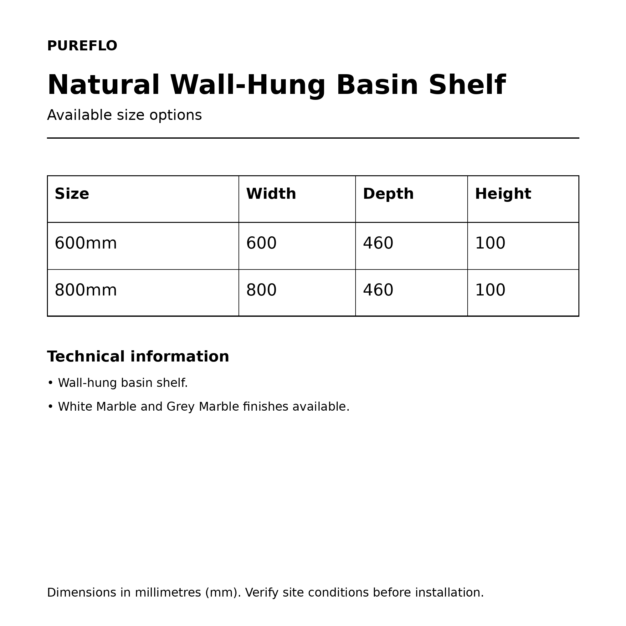 Pureflo Natural wall-hung basin shelf – technical dimensions for 600mm and 800mm sizes