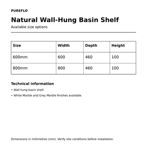 Pureflo Natural wall-hung basin shelf – technical dimensions for 600mm and 800mm sizes
