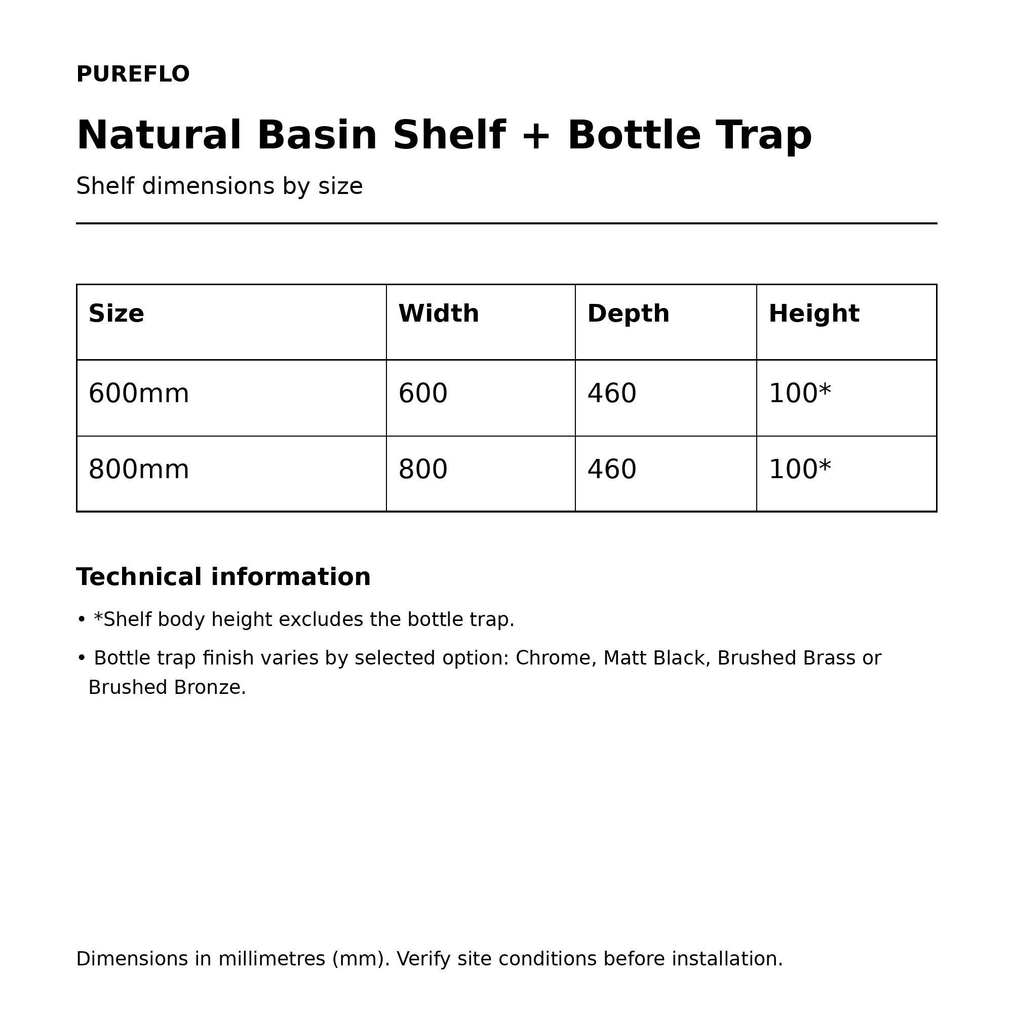 Pureflo Natural wall-hung basin shelf with bottle trap – technical dimensions for 600mm and 800mm sizes