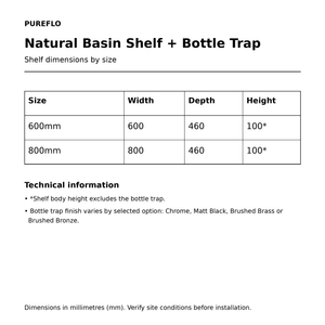 Pureflo Natural wall-hung basin shelf with bottle trap – technical dimensions for 600mm and 800mm sizes