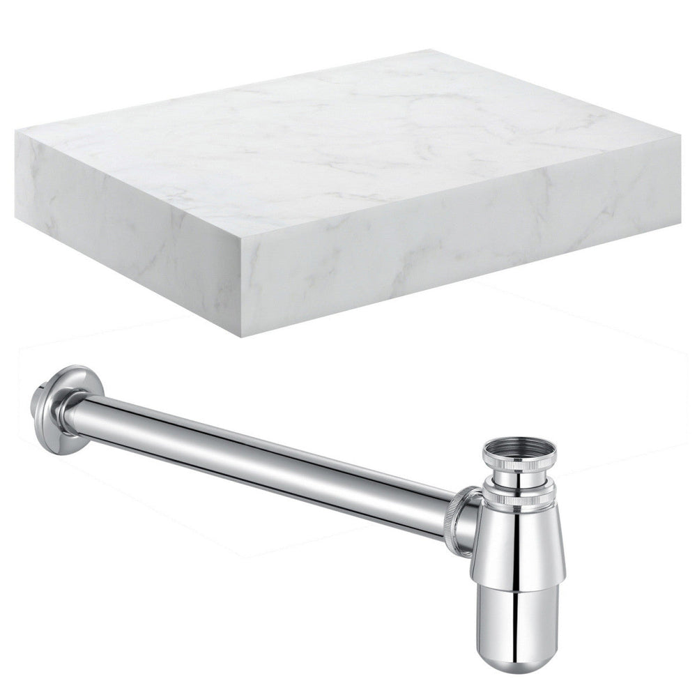Auvellis Nexara 600mm White Marble wall-hung basin shelf with Chrome bottle trap – representative product view