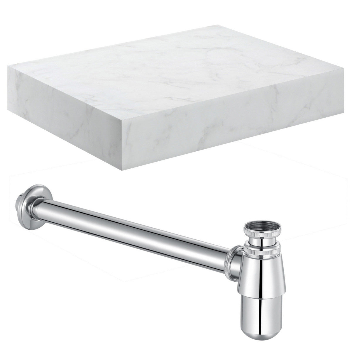Auvellis Natural 600mm White Marble wall-hung basin shelf with Chrome bottle trap – representative product view