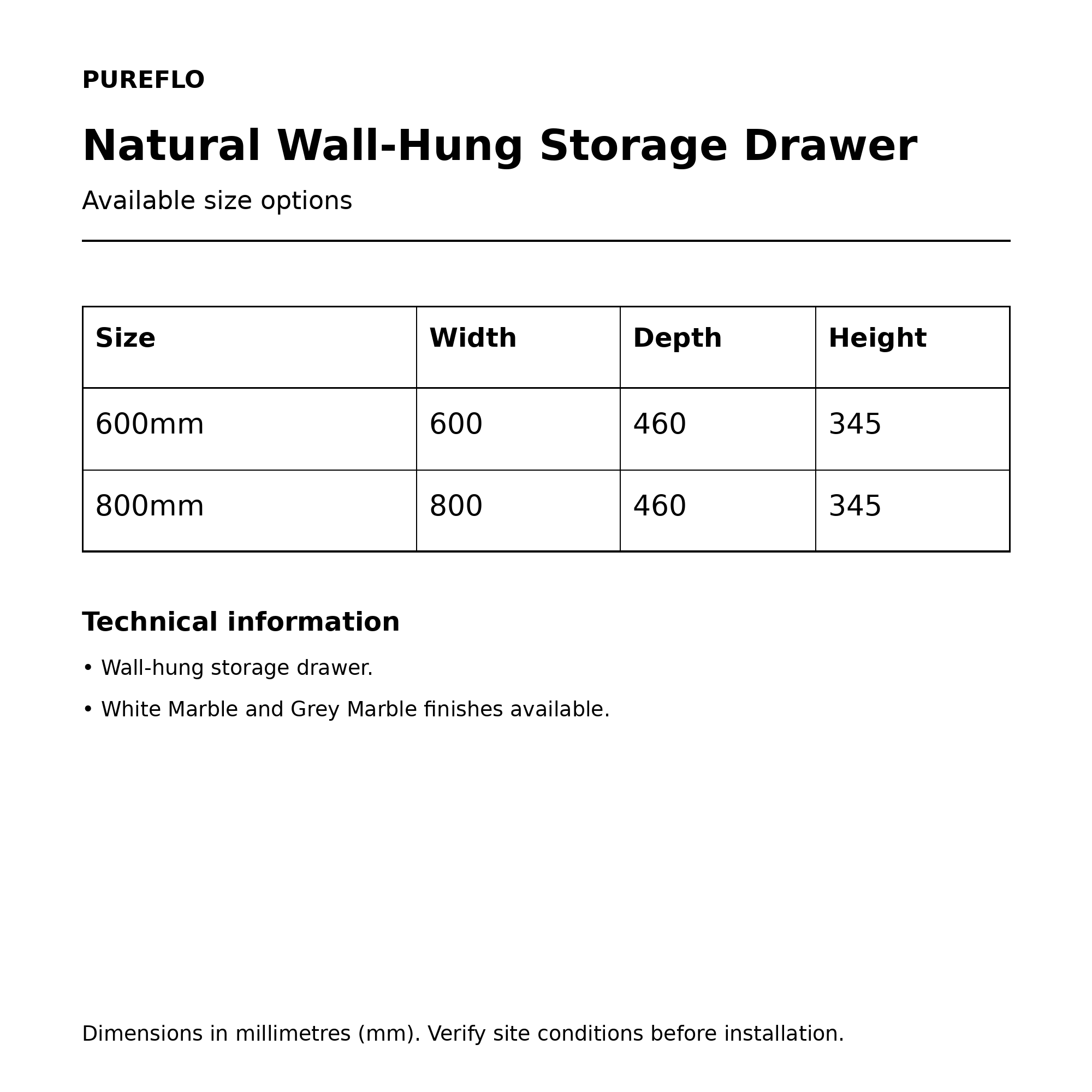 Pureflo Natural wall-hung storage drawer – technical dimensions for 600mm and 800mm sizes