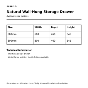 Pureflo Natural wall-hung storage drawer – technical dimensions for 600mm and 800mm sizes