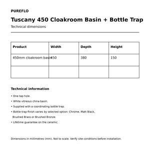 Auvellis Tuscany 450mm cloakroom basin and bottle trap – technical dimensions W450 x H150 x D380mm