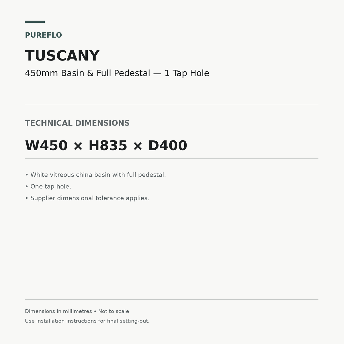 Auvellis Tuscany 450mm basin and full pedestal – technical dimensions W450 x H835 x D400mm