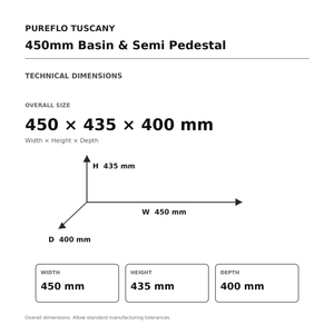 Auvellis Tuscany 450mm basin and semi pedestal – technical dimensions W450 x H435 x D400mm