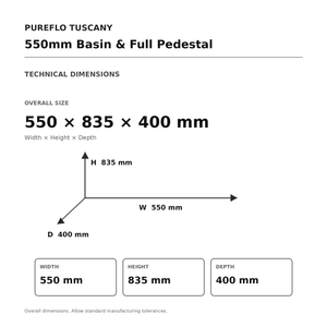 Auvellis Tuscany 550mm basin and full pedestal – technical dimensions W550 x H835 x D400mm