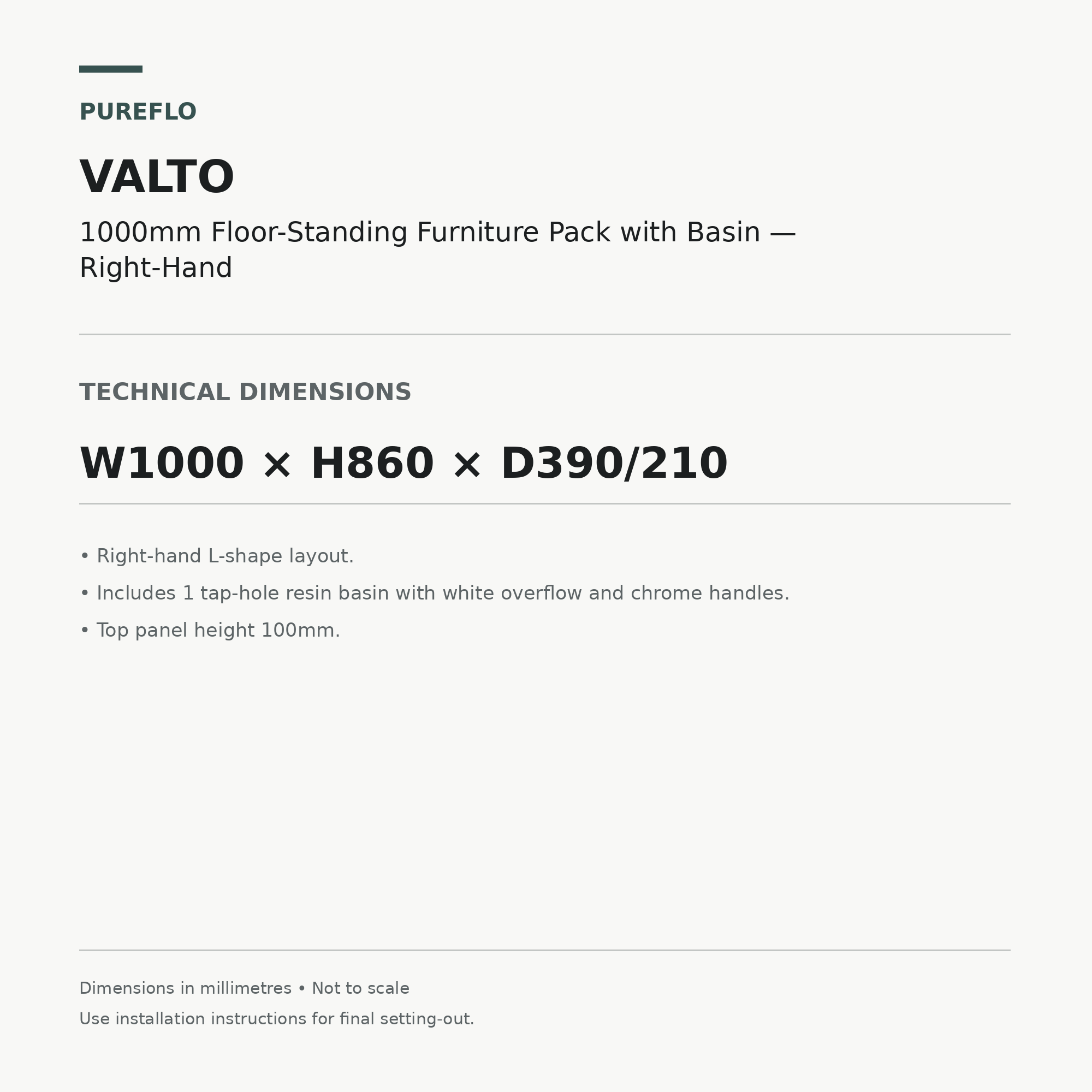 Auvellis Valto 1000mm floor-standing furniture pack with basin right-hand – technical dimensions W1000 x H860 x D390/210mm