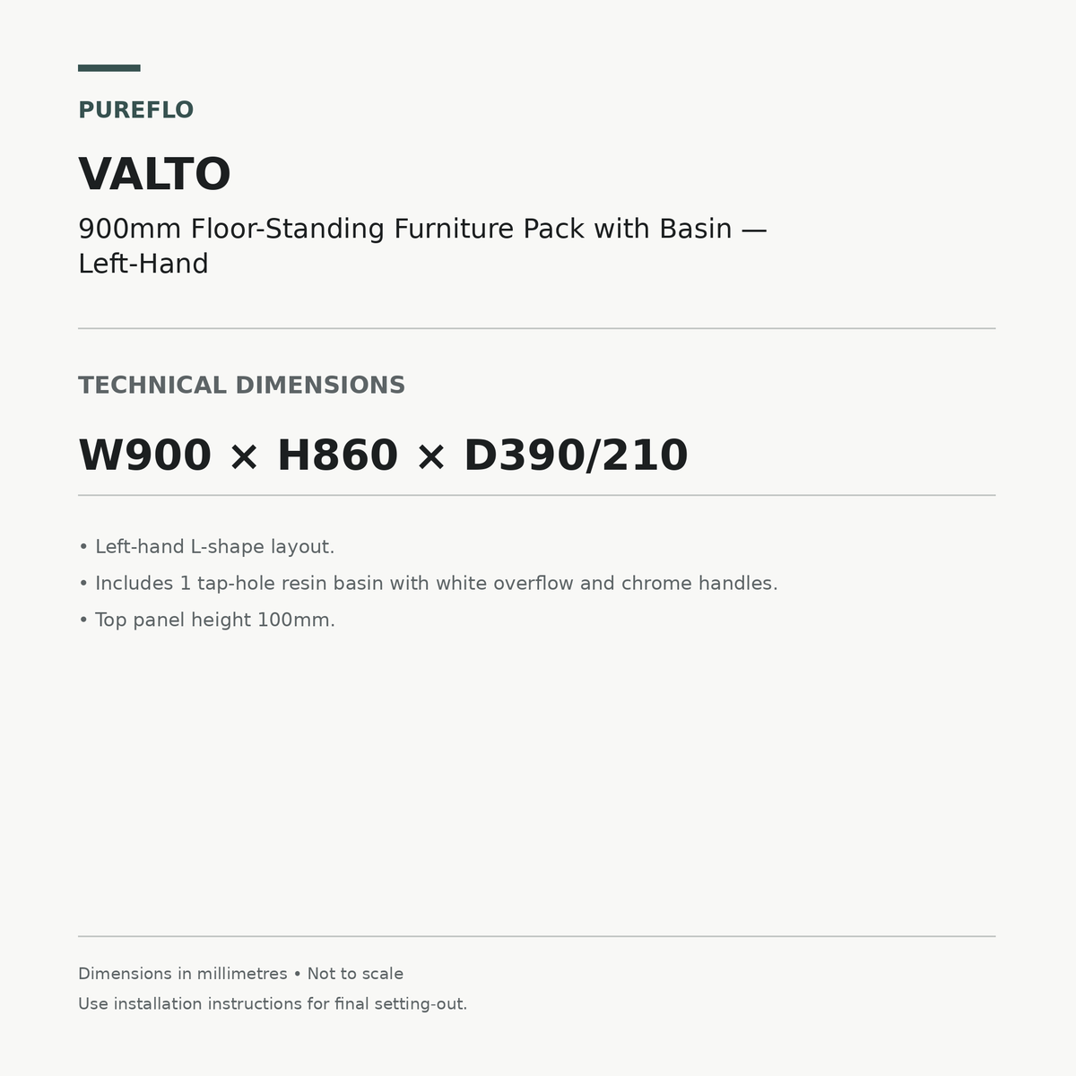 Auvellis Valto 900mm floor-standing furniture pack with basin left-hand – technical dimensions W900 x H860 x D390/210mm