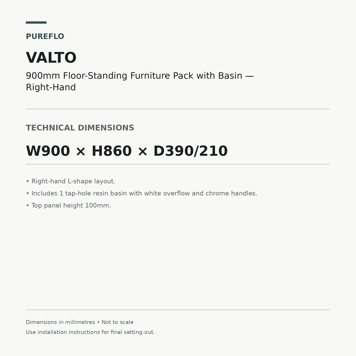 Auvellis Valto 900mm floor-standing furniture pack with basin right-hand – technical dimensions W900 x H860 x D390/210mm