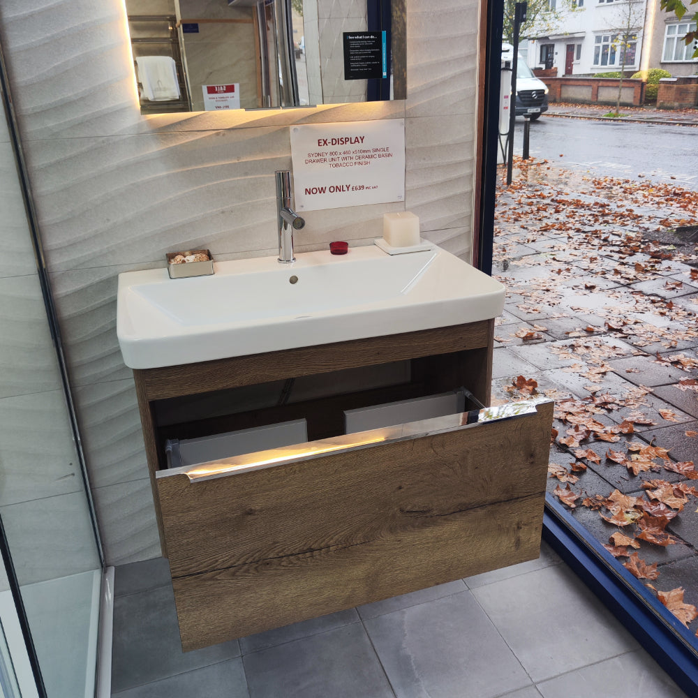 Sydney 800x460mm Single Drawer Basin & Vanity Unit – Tobacco Oak Sydney