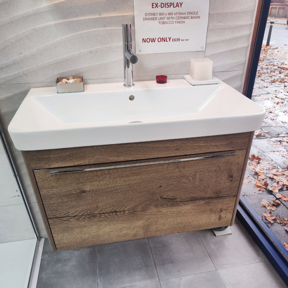 Sydney 800x460mm Single Drawer Basin & Vanity Unit – Tobacco Oak Sydney
