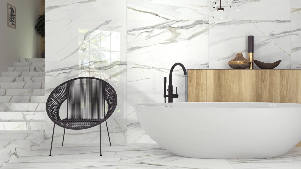 TAU Emporio Porcelain Tiles — official TAU room setting; other surfaces and furnishings shown for inspiration