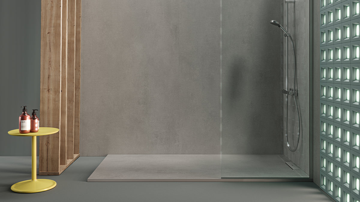 Zenon Ego wall panels behind a walk-in shower